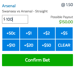 William Hill back bet slip for Arsenal at $100