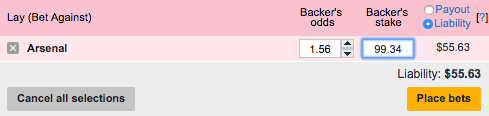 Betfair lay bet slip for Arsenal at $99.34