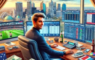 How to Do Matched Betting: Man working at multiple computer screens displaying matched betting data with an Australian cityscape in the background.