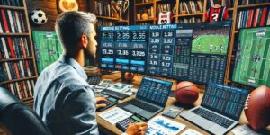 What is middle betting? A bettor analyzing multiple screens for middle betting strategies in a sports-themed office.