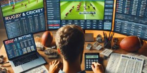 A bettor using multiple screens and devices to analyze middle betting strategies for guaranteed profit.