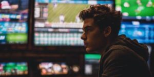 A bettor intensely focused on multiple screens displaying sports betting information.