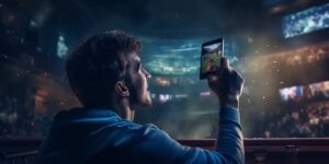 A young man holding a smartphone, analyzing sports events in a lively stadium.