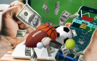 How Sports Betting Works: A person using a mobile app to bet on various sports while money and sports icons float around.