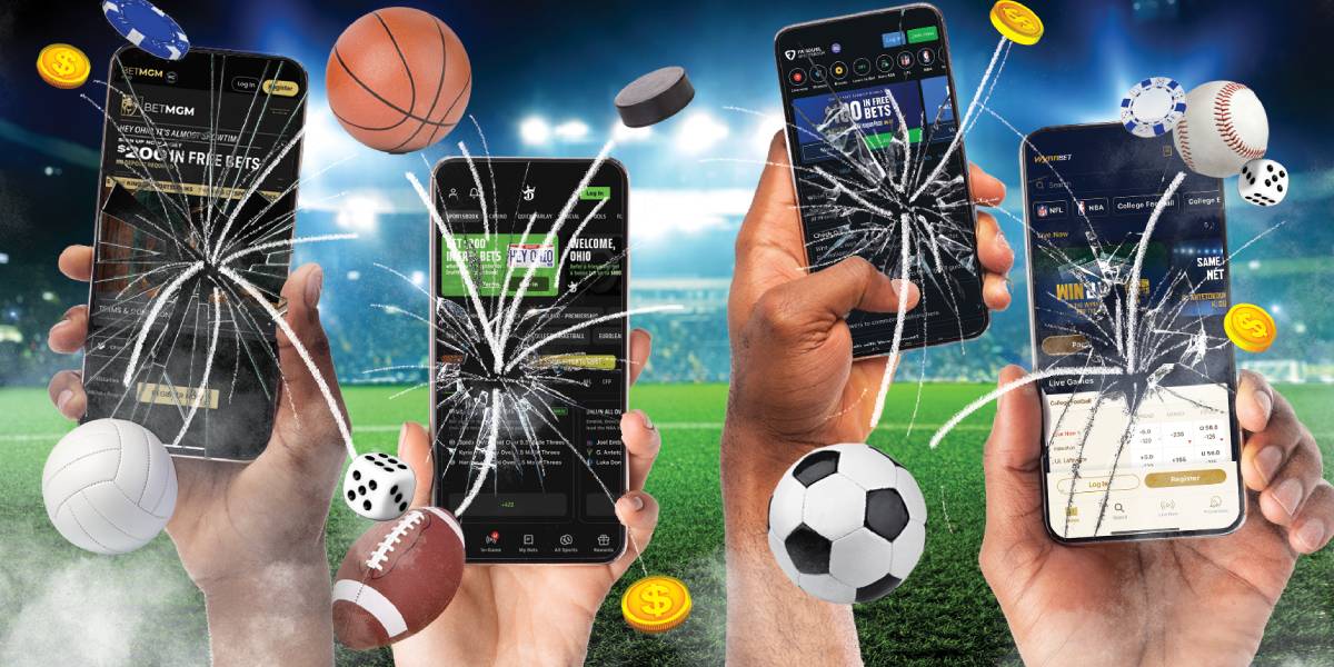 Conceptual image of sports betting challenges, showcasing broken smartphone screens with betting apps and various sports icons