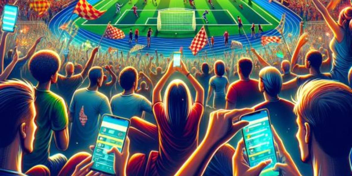 Enthusiastic crowd at a soccer match using mobile devices for live betting