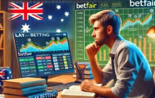 Man analyzing lay betting charts on Betfair with Australian flag in background