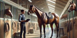 Trainer inspecting a racehorse in a stable before an event.