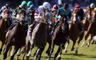 Group of racehorses and jockeys competing during a horse race on the track.