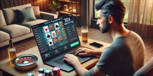 Man playing an online casino game on a laptop with poker chips and a roulette wheel nearby