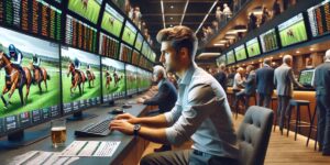 Man placing horse racing bets in a high-tech betting lounge with multiple screens showing live races and odds