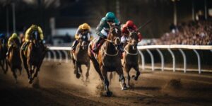 Close race between jockeys and horses on a dirt track with spectators in the background