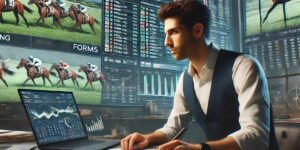 Man analysing horse racing odds and statistics on multiple screens in a betting office