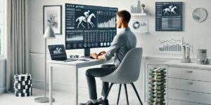 Man analysing horse racing data and betting statistics on large monitors in a modern office