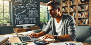Man analyzing sports betting odds and statistics on a laptop, with betting charts and calculations in the background