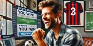 Man celebrating a sports betting win on a computer screen displaying winning messages, showcasing the excitement of understanding odds and probability in betting