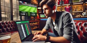Man intensely analyzing live sports betting odds on a laptop in a bar, with football match odds displayed on a screen in the background