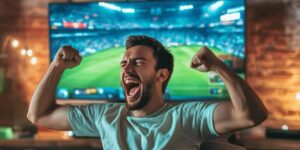 Excited man celebrating a sports betting win while watching a live football match on TV.