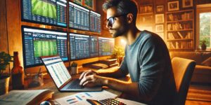 Man analysing matched betting data with multiple screens showing betting odds and strategies