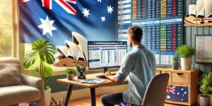 Man using sports betting software in an Australia-themed home office.