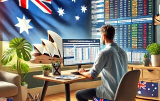 Man using sports betting software in an Australia-themed home office.