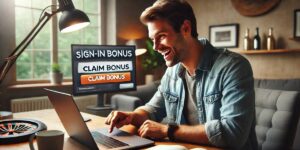 Excited man using laptop to claim a sign-in bonus on an online betting site.