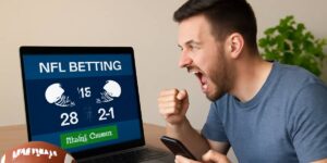 Excited man cheering at NFL betting results on a laptop screen while holding a phone