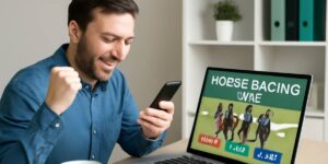 Excited man checking phone and betting odds on laptop to analyse mispriced horses