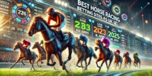 Horse racing graphic comparing fixed odds and tote betting with digital overlays