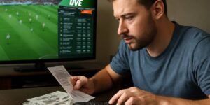Man calculating sports bets using EV betting strategy while watching live football odds.