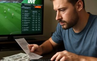 Man calculating sports bets using EV betting strategy while watching live football odds.