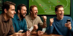 Group of men celebrating a sports betting win while watching a football match.