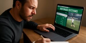 Man studying betting odds on laptop and taking notes at desk.
