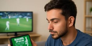 Man using bonus bet offer while watching live cricket match on TV