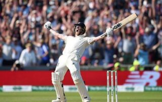 Cricketer celebrates match-winning moment with bat raised, symbolising thrilling cricket betting finishes
