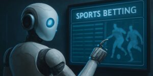 Robot interacting with digital sports betting screen showing football players 