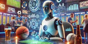 Robot analysing digital sports data in a betting venue with multiple sports screens 