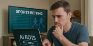 Man thinking while using laptop with AI bots for sports betting 