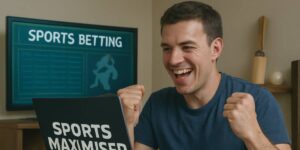 Man celebrating a sports betting win using Sports Maximiser on laptop 