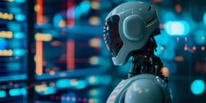 Futuristic robot observing digital data streams in a vibrant control room 
