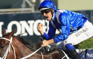 Jockey celebrating victory in autumn horse race on brown horse wearing blue silks