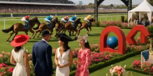 Well-dressed racegoers enjoy a vibrant horse race during the Autumn Carnival, with thoroughbreds sprinting past a lush trackside garden and luxury marquees
