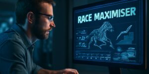 Man analysing digital horse racing data on a computer screen labelled "Race Maximiser" with a wireframe horse and performance graphs 