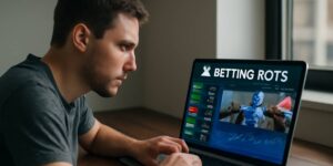 Man focused on laptop screen displaying a betting interface for Australian horse or greyhound racing, highlighting bot-based betting. 
