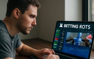 Man focused on laptop screen displaying a betting interface for Australian horse or greyhound racing, highlighting bot-based betting.
