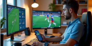 Man using AI sports betting tools while watching live football matches on dual monitors and a smartphone in a modern home office.