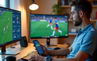 Man using AI-powered sports betting tools while watching live football matches on dual monitors and a smartphone in a modern home office.
