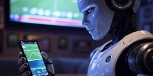 Humanoid robot analyzing football betting odds on a smartphone with live match display in the background. 