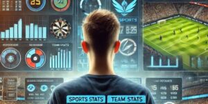 Man viewing real-time sports analytics and football match data on a futuristic digital dashboard during live betting.