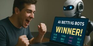 Excited man celebrates a win on his laptop using AI betting bots, with a humanoid robot assisting in the background.